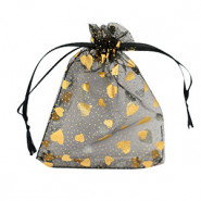 Organza Jewellery Bag 9x12cm heart - Black-gold